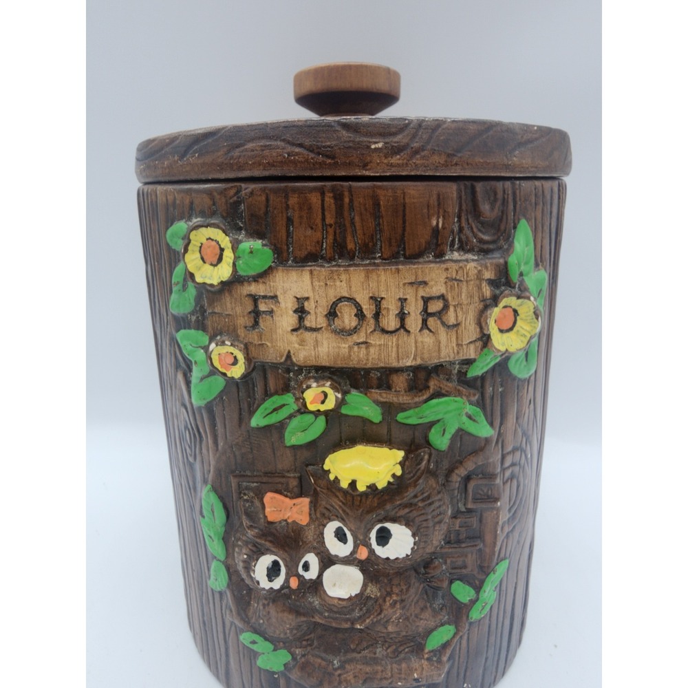 Vintage Treasure Craft Flour Canister Owl Tree Trunk Ceramic Wood Grain USA